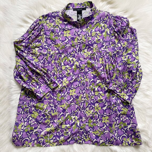 Smythe Patterned Crimson Orchid Floral Shirred Pocket 3/4 Sleeve Blouse - Picture 2 of 6